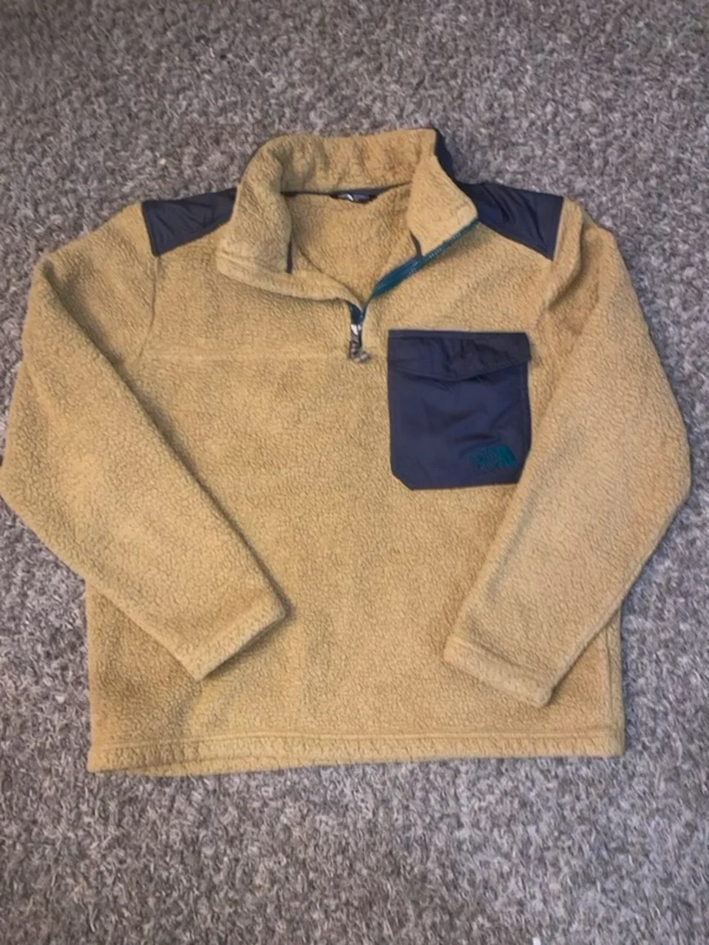 The North Face Men's Camel Sherpa Half-Zip Pullover with Navy Pocket Accents